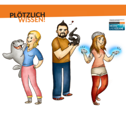 Plötzlich Wissen - comic der drei Wissenschaftler*innen mit Logo