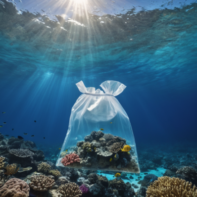 Eine Plastiktüte unter Wasser vor einem Korallenriff, die Teile des Riffs im inneren verschlossen hat